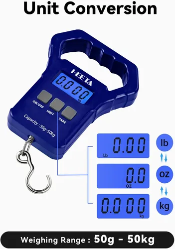 Vista 3 de HEETA Báscula de pescado, báscula digital portátil de pesca colgante de 110 libras / 110.2 lbs con pantalla LCD retroiluminada, báscula de equipaje