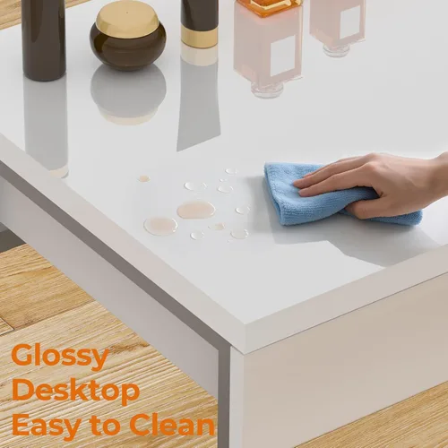 Vista 4 de GreenForest Escritorio de tocador con 2 cajones, escritorio blanco brillante para dormitorio, mesa de maquillaje con espacio de almacenamiento
