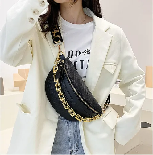 Vista 2 de Riñonera de cadena gruesa para mujer, bolso de cintura de cuero a cuadros, bolso cruzado de hombro, bolsos de pecho de lujo, bolsos de diseñador