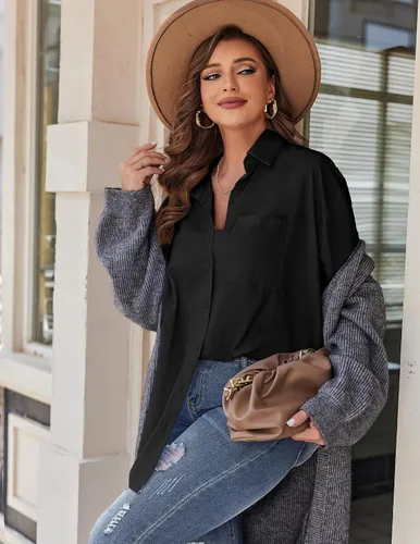 Vista 4 de IN'VOLAND Camisas de manga larga con botones para mujer, talla grande, de algodón, casual, con cuello, holgadas, con bolsillo