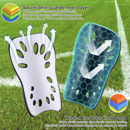 Vista 3 de HINZIC 2 pares de espinilleras de fútbol para niños pequeños y adultos, mangas transpirables para juegos de fútbol de niños y niñas, cojín protector