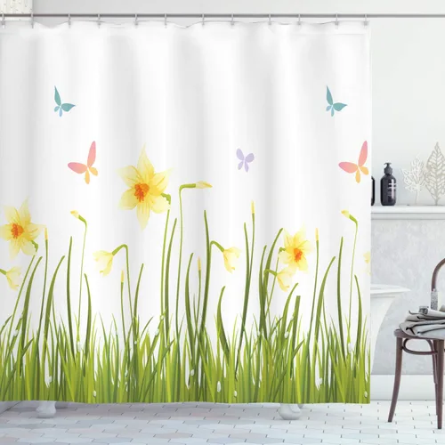Vista 78 de Ambesonne Decor Collection, juego de cortina con ganchos para regadera Amarillo y marrón