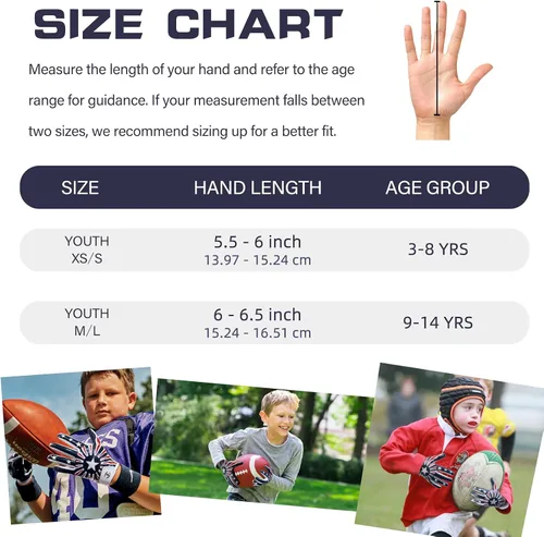 Vista 5 de Guantes de fútbol americano para niños, guantes receptores de fútbol americano juvenil, excelente agarre con silicona adhesiva, antideslizantes