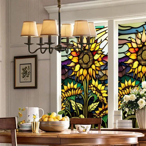 Vista 4 de Película de privacidad para ventana, película de vidrieras de girasol, película de privacidad extraíble para ventana, adhesivo estático decorativo