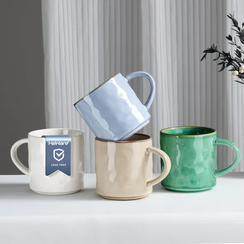 Vista 10 de HaWare Juego de 4 tazas de café de 14 onzas, tazas de café de gres con asa, taza de café con leche para hombre, mujer, papá, mamá, tazas de té