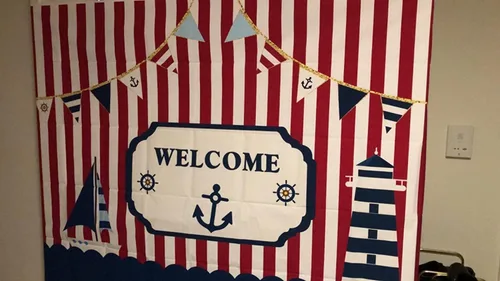 Vista 2 de Fondo de fotografía para fiestas temáticas náuticas de 7 x 5 pies, color rojo y blanco, a rayas marinas, barco, decoración de fondo para niños