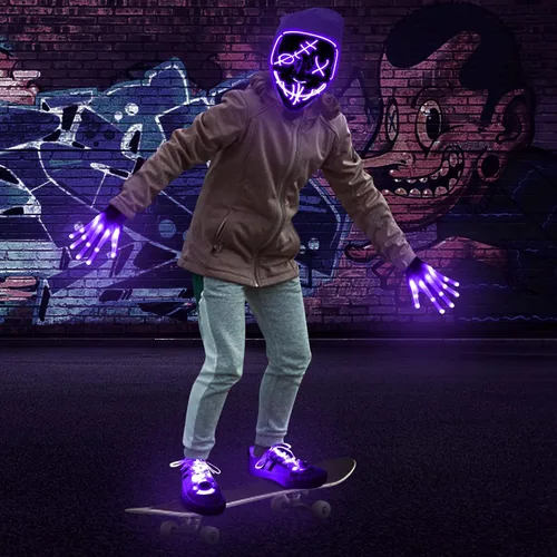 Vista 2 de Camlinbo Juego de 3 máscaras LED de Halloween, guantes iluminados y cordones brillantes para Halloween, disfraz de Halloween, fiesta de cosplay