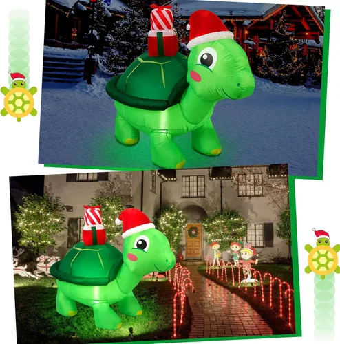Vista 7 de Shappy - Decoración inflable gigante de Navidad de 1.49 m con tortuga con gorro de Papá Noel, decoración inflable con luces LED de Navidad