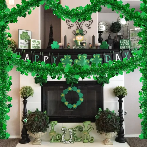 Vista 4 de Guirnalda de oropel del día de San Patricio, guirnalda metálica de trébol verde de 196 pies para decoración irlandesa de árbol de pared para fiesta