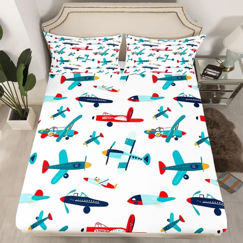 Vista 3 de Juego de sábanas bajeras de dibujos animados de aviones para niños y niñas, juguetes de dibujos animados, ropa de cama con vehículos aeronáuticos