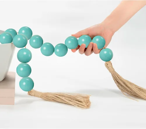 Vista 22 de OMISHE Guirnalda de cuentas de madera extra grande con cuentas de madera y borlas de 1.6 pulgadas de diámetro, cuentas decorativas rústicas de 41