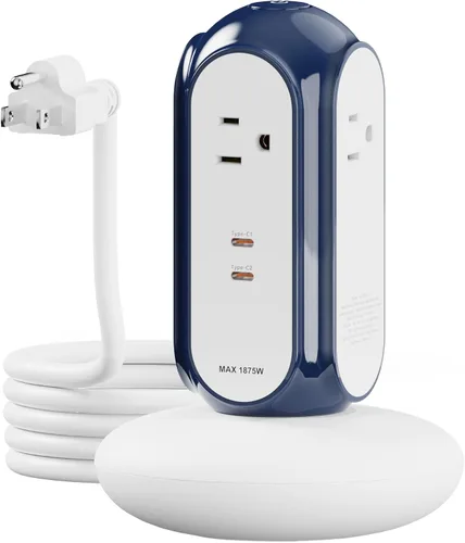 Vista 12 de MiaoLab Torre de regleta de alimentación con 2 puertos USB-C (carga rápida de 30 W), protector de sobretensiones 1420J, 4 salidas de CA, cable
