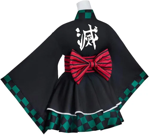 Vista 4 de BYHai Kimono de anime japonés Lolita Demon Slayer Kamado Tanjirou Cosplay Kimono Maid Cosplay