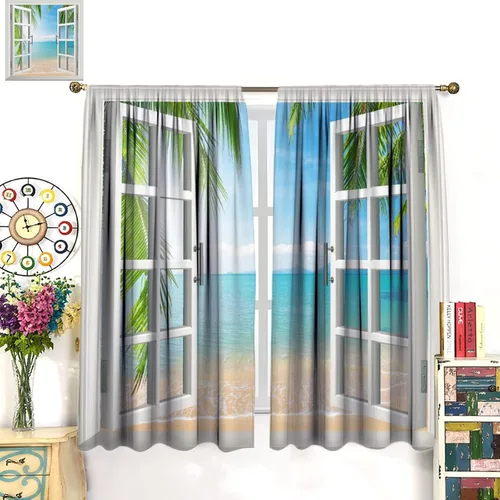 Vista 3 de Cortinas opacas para dormitorio con temática de vacaciones en la playa, palmeras, estilo verano, con bolsillo para barra, para sala de estar