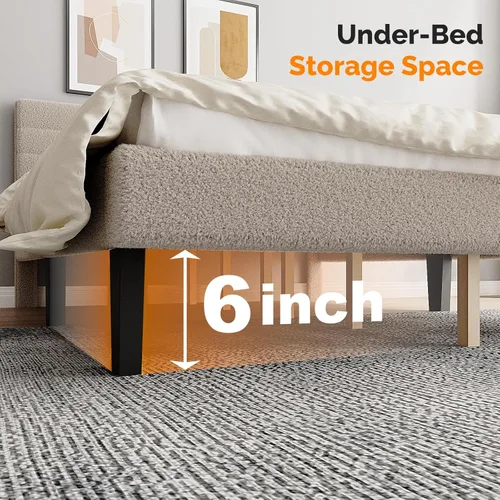 Vista 7 de VINGLI Base de cama individual para niños, cama de plataforma tapizada Boucle con cabecera ajustable, soporte de listones de madera resistente, cama