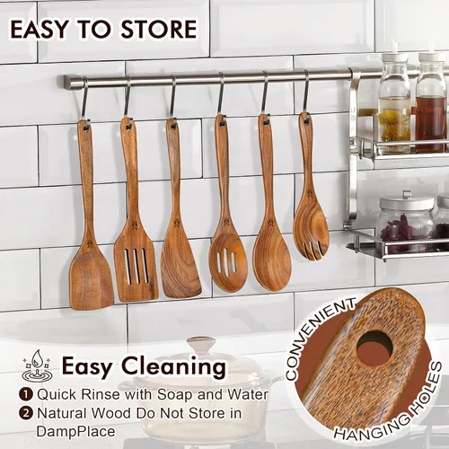 Vista 6 de Cucharas de madera para cocinar, 6 piezas, juego natural de utensilios de cocina de madera de teca, juego de utensilios de cocina con mango largo