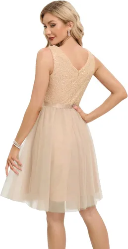 Vista 3 de Meetjen Vestido de cóctel para mujer, vestido de tul con lentejuelas, vestido de manga corta con cuello en V, vestido acampanado
