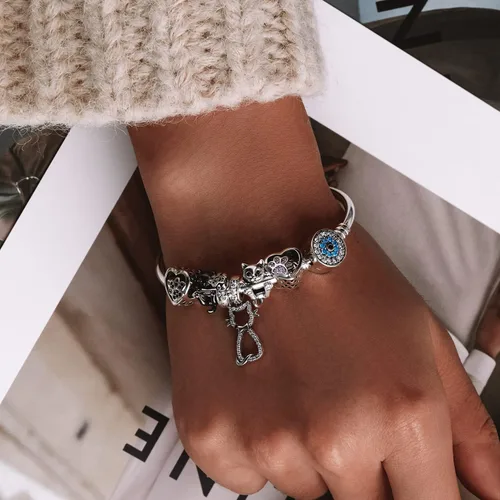 Vista 5 de BISAER Pulsera de plata de ley con cierre de dije para abalorios con piedras preciosas de zafiro, tapón de bloqueo de clip de ojo malvado