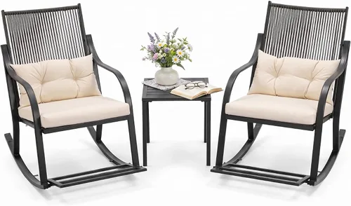 Vista 7 de COSIEST Juego de 3 sillas mecedoras para exteriores, muebles de patio de ratán para todo tipo de clima con 2 sillas, mesa de centro y cojines