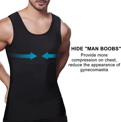 Vista 2 de Camiseta de compresión adelgazante para hombre, camiseta sin mangas de entrenamiento para ginecomastia, control de abdomen, cambio en segundos