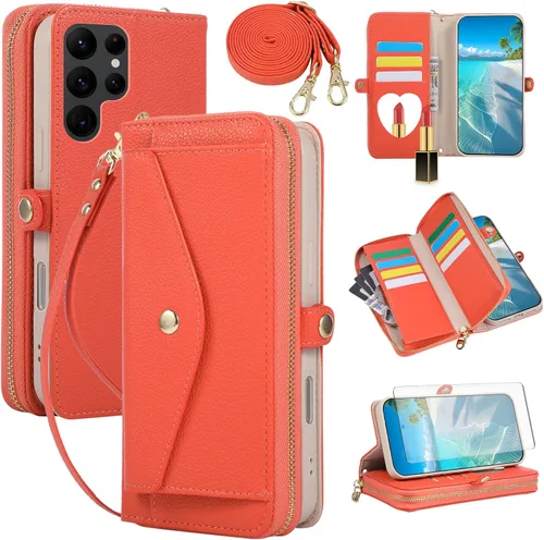 Vista 57 de Asuwish Funda de teléfono para Samsung Galaxy S23 5G con cremallera, funda para celular con protector de pantalla, correa para el hombro, espejo