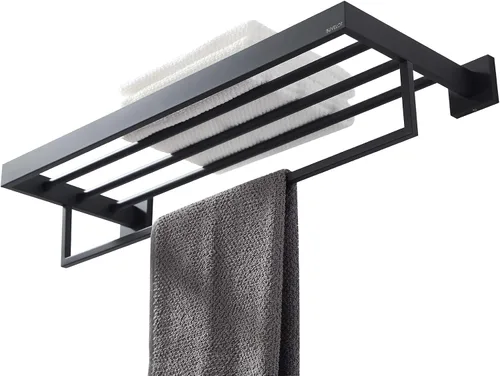Vista 3 de Toallero, toallero para baño, toallero cuadrado moderno estilo hotel con estante, 24 pulgadas, negro mate, montado en la pared, sin montaje, serie
