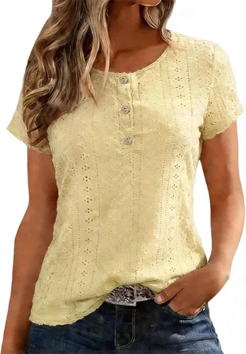Vista 12 de Camiseta de manga corta con cuello redondo para mujer, blusa holgada con ojales, casual, holgada, para vacaciones, playa, lunares suizos