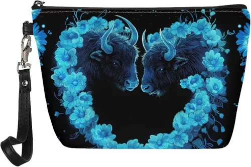 Vista 30 de Howilath Abstract Art Cat Cosmetic Pouch for Women PU Leather Toiletry Storage Bag Trapezoid Makeup Bags with Wrist Strap