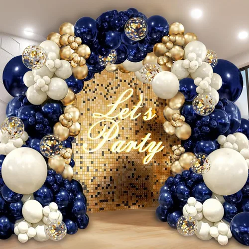 Vista 7 de Kit de arco de globos negros y dorados y blancos, 129 piezas de doble relleno de perlas, arena, blanco, negro, oro cromado, con guirnalda de globos