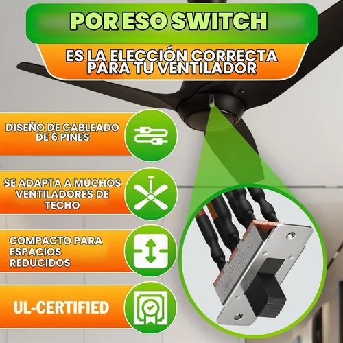 Vista 4 de Interruptor de marcha atrás del ventilador de techo, palanca de 6 pines con cables precableados de 6 cables Ceiling Fan Direction Switch