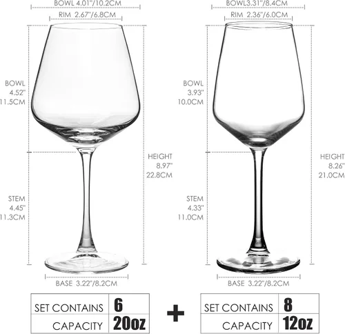 Vista 2 de YANGNAY Juego de copas de vino de 14 piezas (8 x 12 onzas blancas, 6 x 20 onzas rojas) – Vidrio transparente, apto para lavavajillas, perfecto