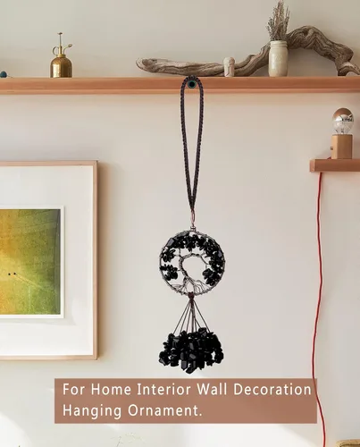 Vista 4 de MAIBAOTA Adorno colgante de cristal redondo negro obsidiana decoración árbol de la vida espiritual habitación decoración de pared lindo coche espejo
