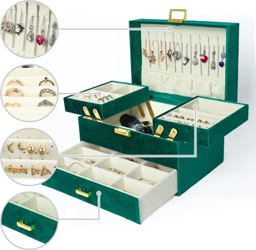 Vista 2 de Dajasan Jewelry Box for Women 3 Layers Large Velvet Jewelry Organizer Jewelry Storage Organizer Jewelry Case for Earring Ring Necklace Bracelets
