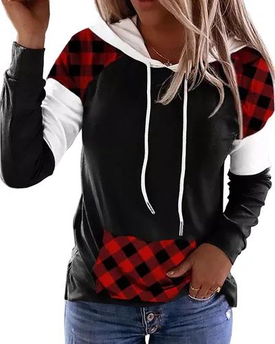 Vista 22 de LLHXRUI Sudadera de Navidad con diseño de árbol a cuadros y rayas para mujer, camiseta con bolsillo con capucha, manga larga, bloque de color Como
