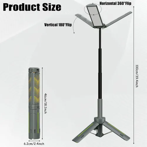 Vista 2 de Luces de campamento recargables con soporte, luces de trabajo telescópicas inalámbricas con 3 cabezales de lámpara LED, linterna de trípode