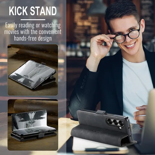 Vista 4 de Funda tipo cartera para Samsung Galaxy Z Fold 7 de piel con tarjetero y función atril, cierre magnético, bloqueo RFID, TPU a prueba de golpes, Negro
