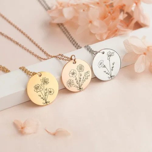 Vista 6 de Anavia -Build Your Own Bouquet- Birthmonth Flowers Necklace, Personalized Engraved Floral Coin Necklace, Customized Birthday Gifts Love Jewelry for