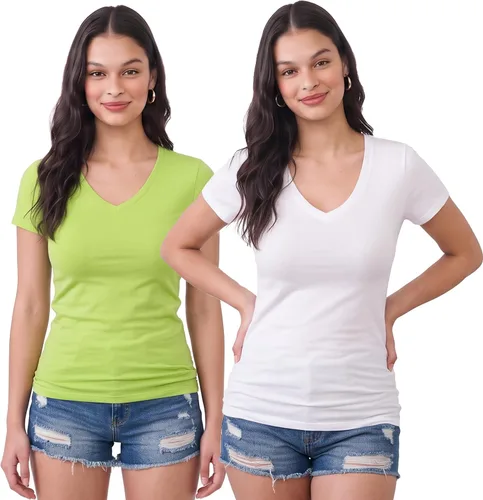 Vista 63 de Emmalise Camiseta de manga corta para mujer, cuello en V, tallas junior y plus