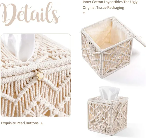 Vista 6 de Mkono 2 piezas de macramé caja de soporte de pañuelos y soporte de perfume de maquillaje cesta de organizador