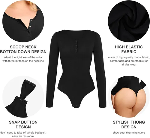 Vista 4 de Popilush Body sin costuras para mujer de manga larga con tanga y brasier integrado, ropa básica