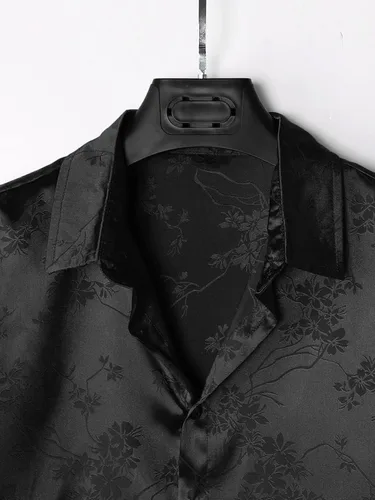 Vista 3 de OYOANGLE Camisa de manga corta con botones y estampado floral de satén para hombre