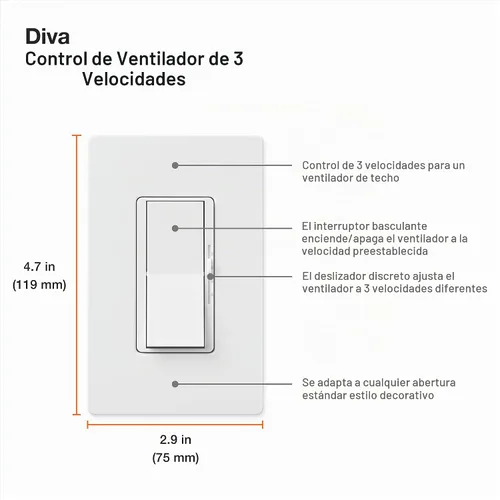 Vista 7 de Lutron Diva Control de ventilador de 3 velocidades, unipolar/3 vías, DVFSQ-F-WH, color blanco