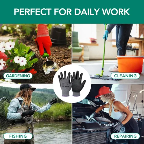 Vista 4 de Guantes de trabajo con revestimiento de poliuretano, 12 pares, guantes de jardín finos para hombres y mujeres, ideales para trabajo ligero