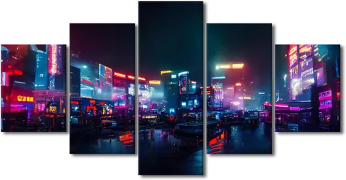 Vista 44 de Póster de 5 paneles en lienzo para decoración de pared, diseño de centro urbano Cyberpunk, impresión moderna, decoración de pared para el hogar