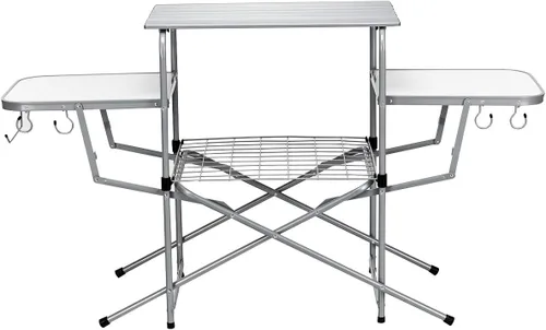 Vista 9 de GYMAX Mesa de campamento plegable de aluminio, mesa de parrilla al aire libre con mesa auxiliar, ganchos y bolsa de transporte, mesa de picnic