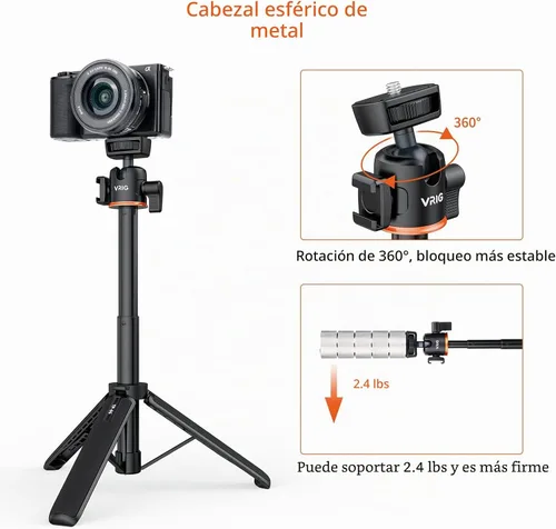 Vista 5 de VRIG Trípode con Palo de Extensión de 21.6", Mini Palo para Selfie Trípode Soporte Mango con Agarre para DJI Osmo Pocket 3, Insta 360 X5 Webcam A0031