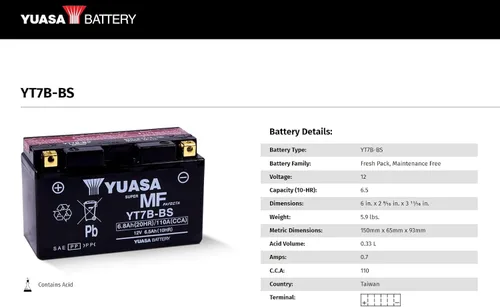 Vista 4 de Yuasa batería YUAM62T7B YT7B-BS , Batería, std