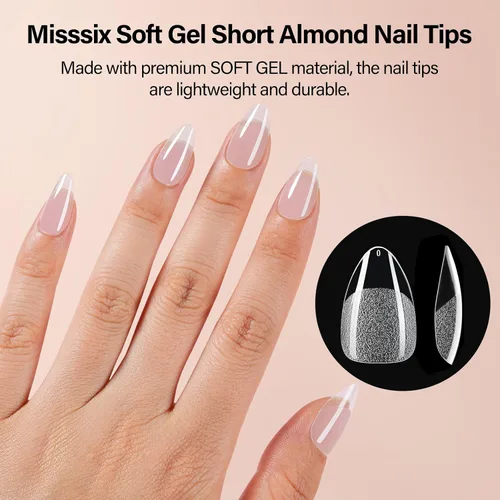 Vista 2 de Misssix Kit de puntas de uñas de gel corto de almendra, 504 piezas de uñas Kit de almendras cortas transparentes (504 piezas con 3 herramientas)