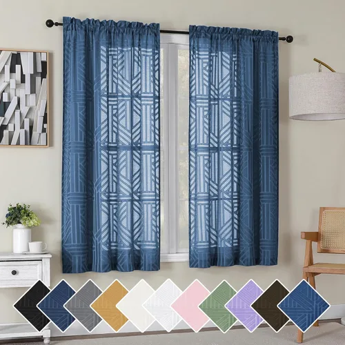 Vista 58 de Simplebrand Cortinas traslúcidas negras de cocina de 24 pulgadas de largo, 2 paneles, filtrado de luz, geométrico jacquard con textura, cortinas