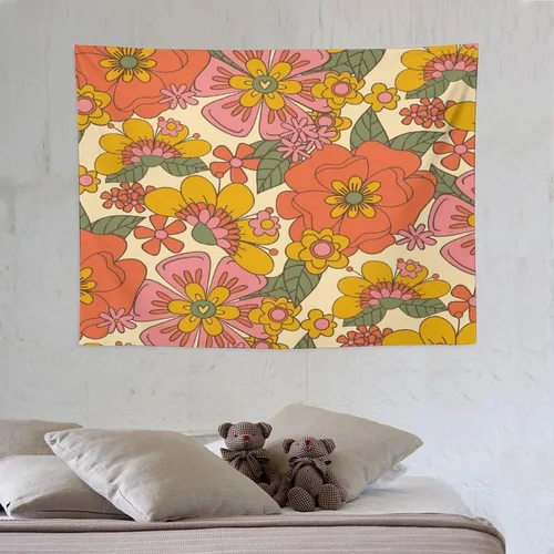 Vista 3 de Houselerax Tapiz floral retro de los años 60 y 70, diseño hippie de primavera Groovy Flower Power Flower Boho para colgar en la pared, arte neutro